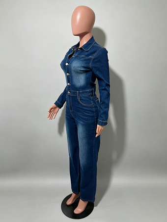レディース長袖デニムジャンプスーツ - ダークウォッシュ ヴィンテージ スリムフィット ストレートレッグ ボタンアップ ジーンズロンパース - 春のアウトドア 2026