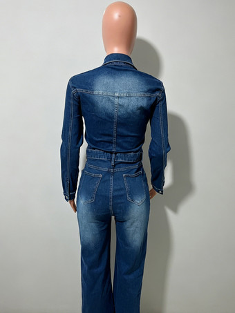 レディース長袖デニムジャンプスーツ - ダークウォッシュ ヴィンテージ スリムフィット ストレートレッグ ボタンアップ ジーンズロンパース - 春のアウトドア 2026