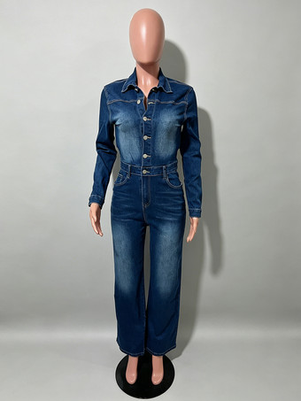 ブルー レディース長袖デニムジャンプスーツ - ダークウォッシュ ヴィンテージ スリムフィット ストレートレッグ ボタンアップ ジーンズロンパース - 春のアウトドア 2026