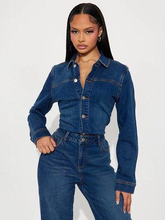 レディース長袖デニムジャンプスーツ - ダークウォッシュ ヴィンテージ スリムフィット ストレートレッグ ボタンアップ ジーンズロンパース - 春のアウトドア 2026