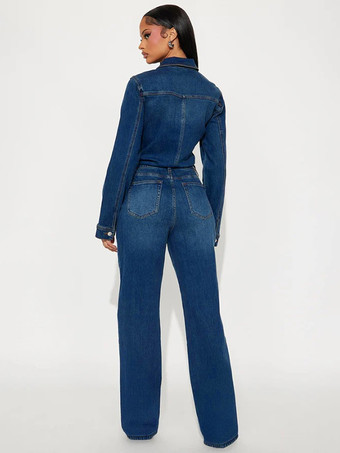 レディース長袖デニムジャンプスーツ - ダークウォッシュ ヴィンテージ スリムフィット ストレートレッグ ボタンアップ ジーンズロンパース - 春のアウトドア 2026