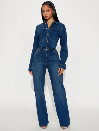 レディース長袖デニムジャンプスーツ - ダークウォッシュ ヴィンテージ スリムフィット ストレートレッグ ボタンアップ ジーンズロンパース - 春のアウトドア 2026