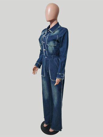 ほつれトリムデニムジャンプスーツ（レディース） - 切りっぱなしの裾、ダメージ加工、ワイドレッグ、ボディコンジーンズロンパース - 2026年春のカジュアルストリートウェア