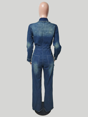 ほつれトリムデニムジャンプスーツ（レディース） - 切りっぱなしの裾、ダメージ加工、ワイドレッグ、ボディコンジーンズロンパース - 2026年春のカジュアルストリートウェア