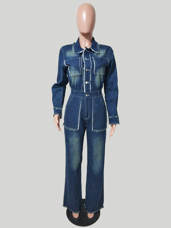 ほつれトリムデニムジャンプスーツ（レディース） - 切りっぱなしの裾、ダメージ加工、ワイドレッグ、ボディコンジーンズロンパース - 2026年春のカジュアルストリートウェア