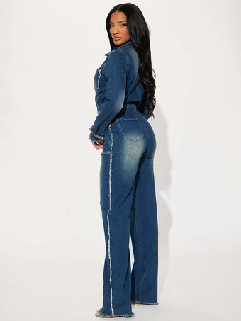 ほつれトリムデニムジャンプスーツ（レディース） - 切りっぱなしの裾、ダメージ加工、ワイドレッグ、ボディコンジーンズロンパース - 2026年春のカジュアルストリートウェア