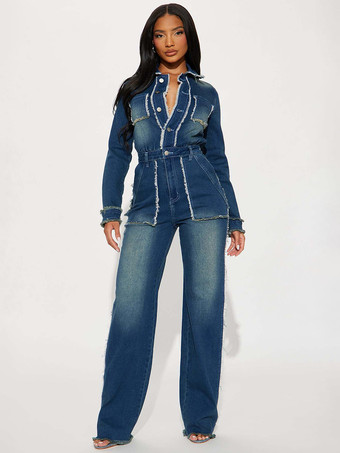 ブルー ほつれトリムデニムジャンプスーツ（レディース） - 切りっぱなしの裾、ダメージ加工、ワイドレッグ、ボディコンジーンズロンパース - 2026年春のカジュアルストリートウェア