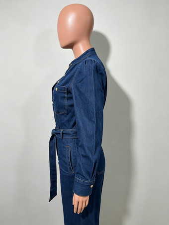 パフスリーブデニムジャンプスーツ（レディース） - ダークブルー レトロ ワイドレッグ ベルト付き ボタンフロント ロンパース - 春のカジュアルパーティウェア 2026