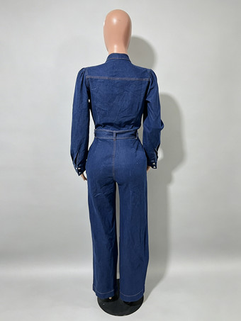 パフスリーブデニムジャンプスーツ（レディース） - ダークブルー レトロ ワイドレッグ ベルト付き ボタンフロント ロンパース - 春のカジュアルパーティウェア 2026
