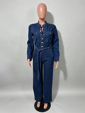 パフスリーブデニムジャンプスーツ（レディース） - ダークブルー レトロ ワイドレッグ ベルト付き ボタンフロント ロンパース - 春のカジュアルパーティウェア 2026
