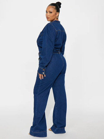 パフスリーブデニムジャンプスーツ（レディース） - ダークブルー レトロ ワイドレッグ ベルト付き ボタンフロント ロンパース - 春のカジュアルパーティウェア 2026