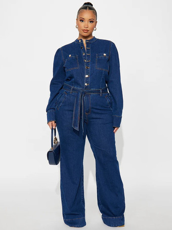 パフスリーブデニムジャンプスーツ（レディース） - ダークブルー レトロ ワイドレッグ ベルト付き ボタンフロント ロンパース - 春のカジュアルパーティウェア 2026