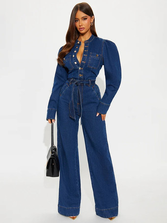 ディープブルーパフスリーブデニムジャンプスーツ（レディース） - ダークブルー レトロ ワイドレッグ ベルト付き ボタンフロント ロンパース - 春のカジュアルパーティウェア 2026