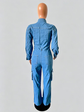 レディースカーゴデニムジャンプスーツ - ライトブルーのユーティリティスタイル、アコーディオンポケット付きワイドレッグジーンズロンパース - 2026年春のストリートウェア