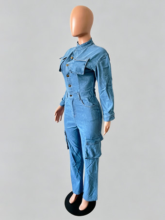 レディースカーゴデニムジャンプスーツ - ライトブルーのユーティリティスタイル、アコーディオンポケット付きワイドレッグジーンズロンパース - 2026年春のストリートウェア