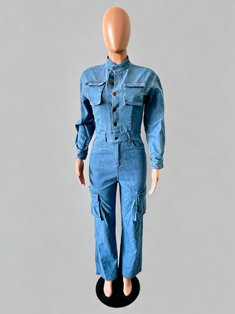 レディースカーゴデニムジャンプスーツ - ライトブルーのユーティリティスタイル、アコーディオンポケット付きワイドレッグジーンズロンパース - 2026年春のストリートウェア