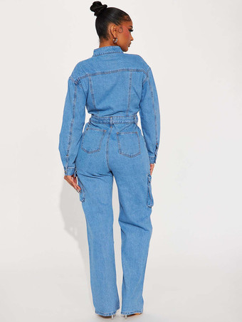 レディースカーゴデニムジャンプスーツ - ライトブルーのユーティリティスタイル、アコーディオンポケット付きワイドレッグジーンズロンパース - 2026年春のストリートウェア