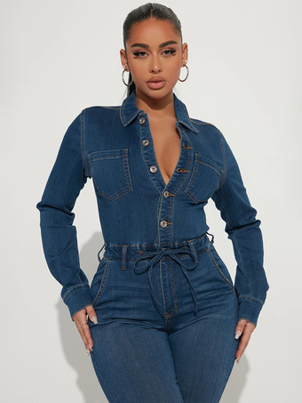 レディース用スキニーデニムジャンプスーツ - ダークウォッシュ セクシー ボディコン ドローストリングウエスト スリムフィット ジーンズロンパース - スプリングカジュアルクラブ 2026