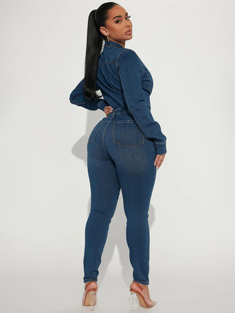 レディース用スキニーデニムジャンプスーツ - ダークウォッシュ セクシー ボディコン ドローストリングウエスト スリムフィット ジーンズロンパース - スプリングカジュアルクラブ 2026