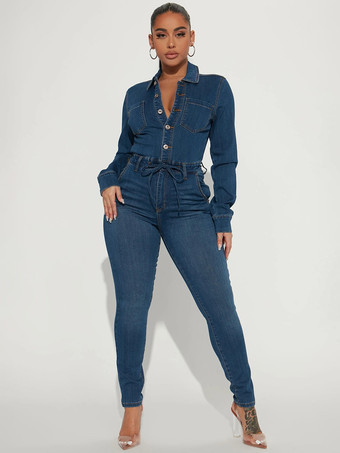 ディープブルーレディース用スキニーデニムジャンプスーツ - ダークウォッシュ セクシー ボディコン ドローストリングウエスト スリムフィット ジーンズロンパース - スプリングカジュアルクラブ 2026