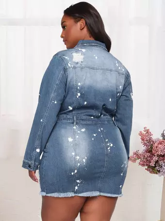 blue jean ripped dress Women's Denim Shirt Dress Short Sleeve Ripped Denim Dress Button-Up Casual Tunic Top Blue at Amazon Women's Clothing store