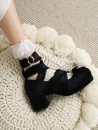 スウィートロリータパンプス ブラックリボン コーデュロイ チャンキーヒール ロリータシューズ