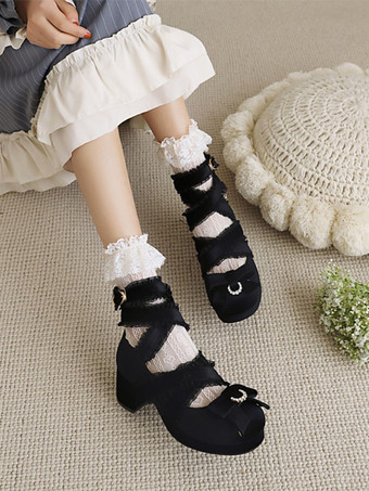 スウィートロリータパンプス ブラックリボン コーデュロイ チャンキーヒール ロリータシューズ