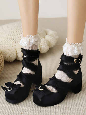 ブラック スウィートロリータパンプス ブラックリボン コーデュロイ チャンキーヒール ロリータシューズ