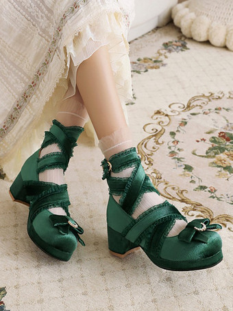 スウィートロリータパンプス ブラックリボン コーデュロイ チャンキーヒール ロリータシューズ