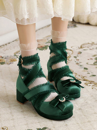 スウィートロリータパンプス ブラックリボン コーデュロイ チャンキーヒール ロリータシューズ