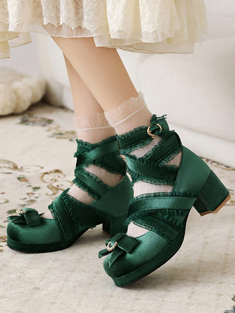 グリーン スウィートロリータパンプス ブラックリボン コーデュロイ チャンキーヒール ロリータシューズ