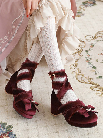 スウィートロリータパンプス ブラックリボン コーデュロイ チャンキーヒール ロリータシューズ