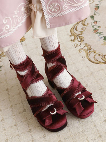 スウィートロリータパンプス ブラックリボン コーデュロイ チャンキーヒール ロリータシューズ