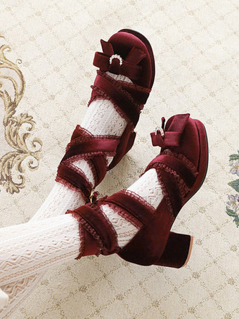 レッド スウィートロリータパンプス ブラックリボン コーデュロイ チャンキーヒール ロリータシューズ