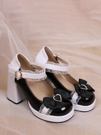 スウィートロリータシューズ ピンクのレースリボン パテントレザー チャンキーヒール ロリータパンプス