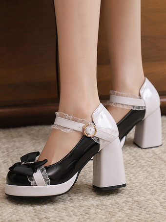 ブラック スウィートロリータシューズ ピンクのレースリボン パテントレザー チャンキーヒール ロリータパンプス