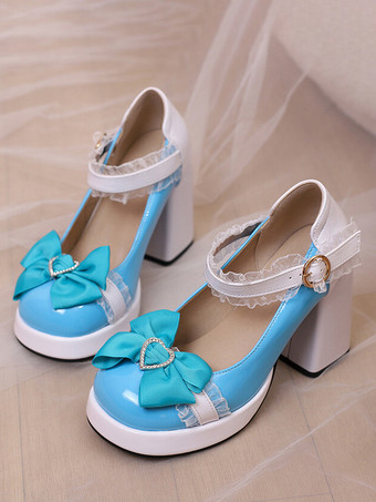 ブルー スウィートロリータシューズ ピンクのレースリボン パテントレザー チャンキーヒール ロリータパンプス