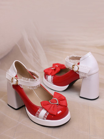 スウィートロリータシューズ ピンクのレースリボン パテントレザー チャンキーヒール ロリータパンプス