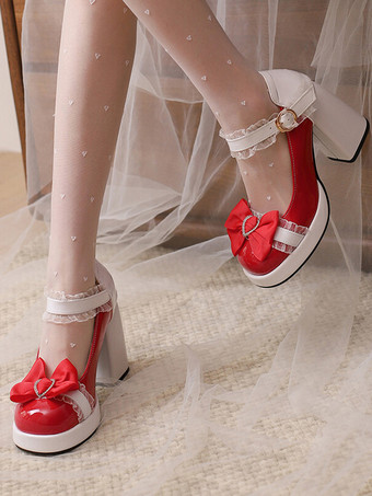 レッド スウィートロリータシューズ ピンクのレースリボン パテントレザー チャンキーヒール ロリータパンプス