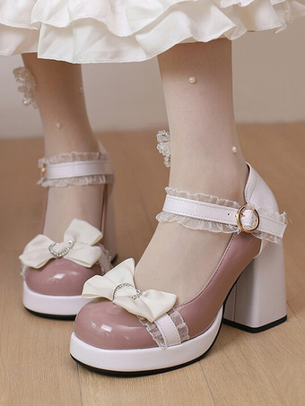 パープル スウィートロリータシューズ ピンクのレースリボン パテントレザー チャンキーヒール ロリータパンプス