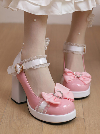 スウィートロリータシューズ ピンクのレースリボン パテントレザー チャンキーヒール ロリータパンプス