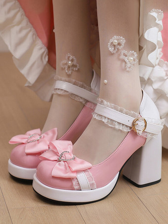 ピンク スウィートロリータシューズ ピンクのレースリボン パテントレザー チャンキーヒール ロリータパンプス
