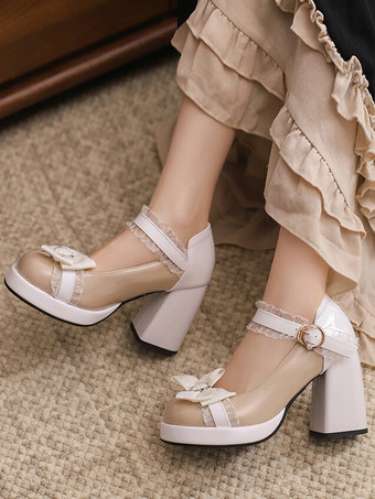 スウィートロリータシューズ ピンクのレースリボン パテントレザー チャンキーヒール ロリータパンプス