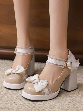 アプリコットスウィートロリータシューズ ピンクのレースリボン パテントレザー チャンキーヒール ロリータパンプス