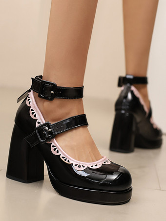 スウィートロリータシューズ エクリュ ホワイトパイピング パテントレザー チャンキーヒール ロリータシューズ