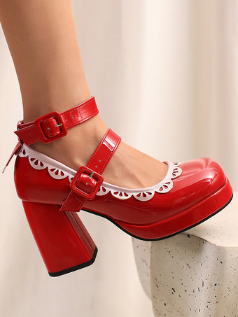 スウィートロリータシューズ エクリュ ホワイトパイピング パテントレザー チャンキーヒール ロリータシューズ