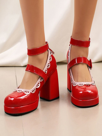 スウィートロリータシューズ エクリュ ホワイトパイピング パテントレザー チャンキーヒール ロリータシューズ