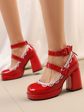 レッド スウィートロリータシューズ エクリュ ホワイトパイピング パテントレザー チャンキーヒール ロリータシューズ