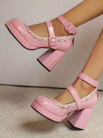 スウィートロリータシューズ エクリュ ホワイトパイピング パテントレザー チャンキーヒール ロリータシューズ