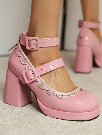 スウィートロリータシューズ エクリュ ホワイトパイピング パテントレザー チャンキーヒール ロリータシューズ